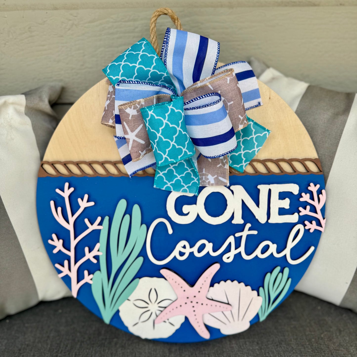 Gone Coastal – Beach Theme 3D Wood Sign with Bow (12” or 15”)